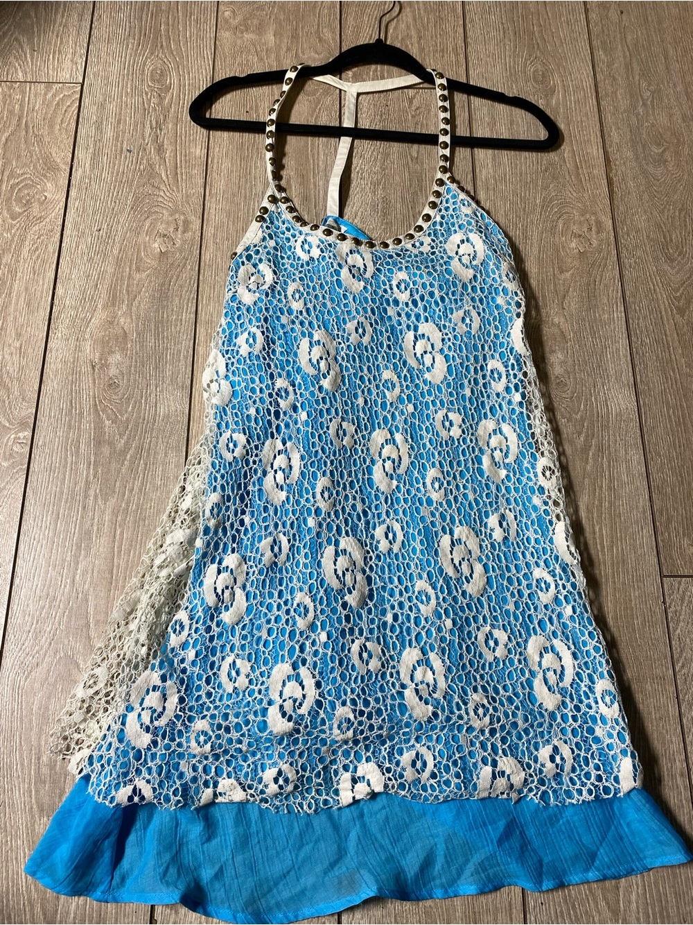 Sugarlips Y2K Blue Lace Halter Dress Studded Neckline Boho Mini Medium